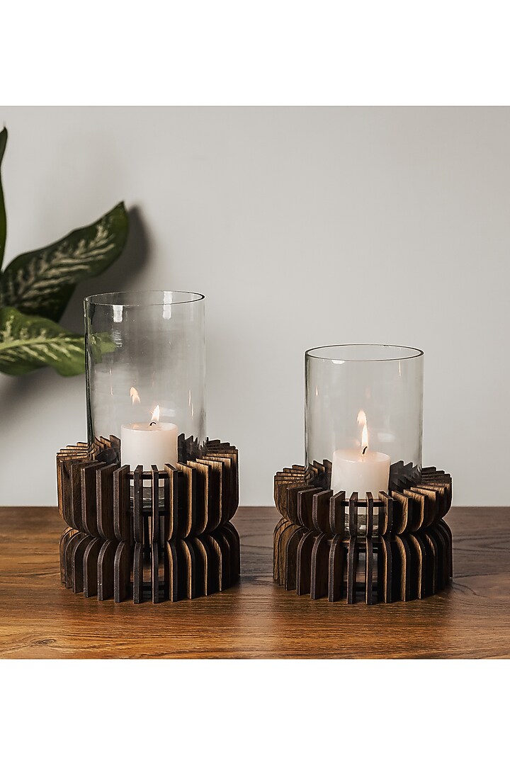 Brown Pinewood Tea Light Holder (Set Of 2) by Think Artly at Pernia's Pop Up Shop