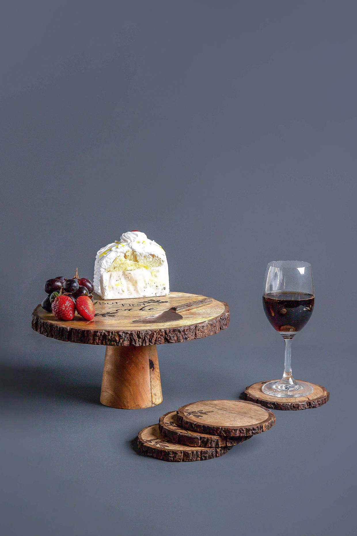 Brown Mango Wood Cake Stand & Coaster Set by Think Artly at Pernia's Pop Up Shop