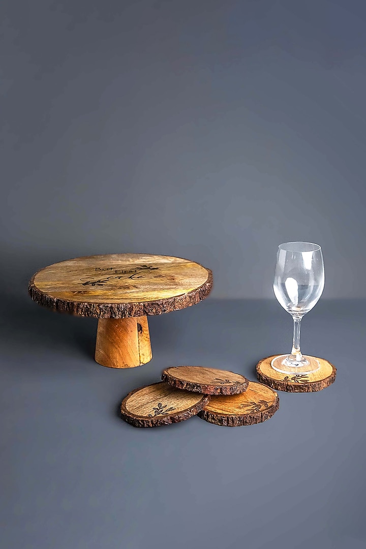 Brown Mango Wood Cake Stand & Coaster Set by Think Artly at Pernia's Pop Up Shop
