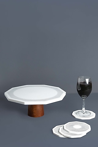 White Marble Handcrafted Cake Stand & Coaster Set by Think Artly