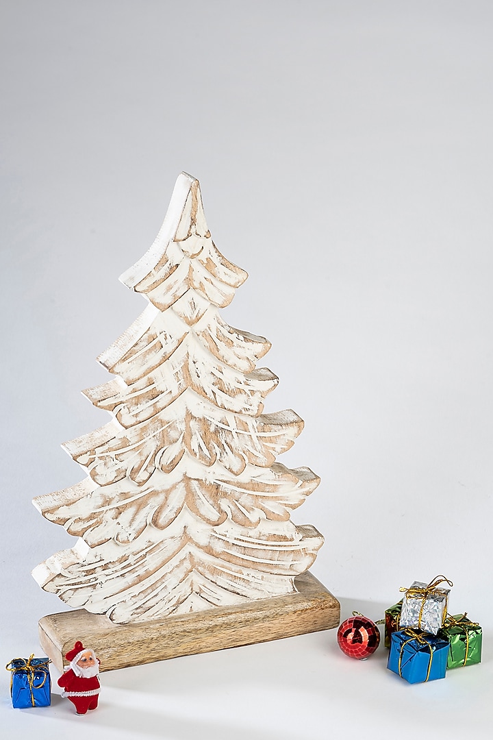 White Rustic Mango Wood Christmas Tree Table Decor by Think Artly