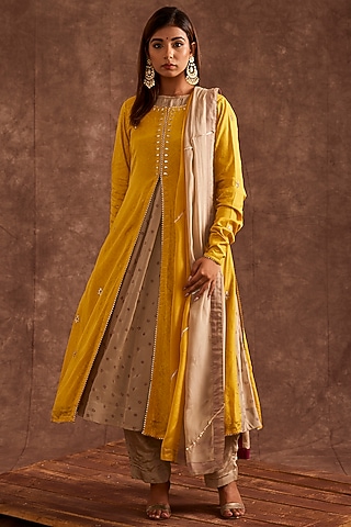 Yellow Pure Chinnon Jacket Set by The Home Affair