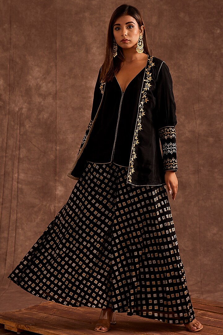 Black Pure Chinnon Party Wear Sharara Set by The Home Affair at Pernia's Pop Up Shop