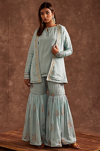 Powder Blue Pure Chinnon Gharara Set by The Home Affair