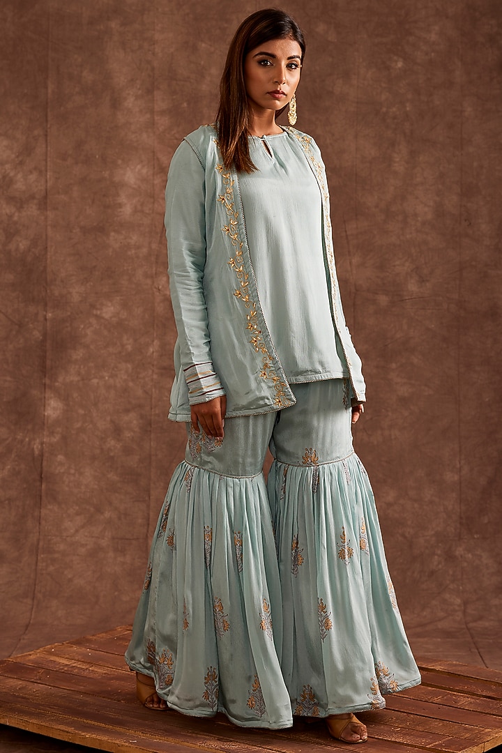 Powder Blue Pure Chinnon Gharara Set by The Home Affair at Pernia's Pop Up Shop
