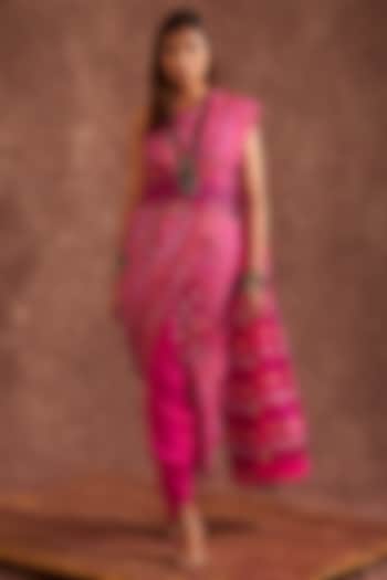 Pink Pure Chinnon Block Printed Dhoti Saree Set by The Home Affair