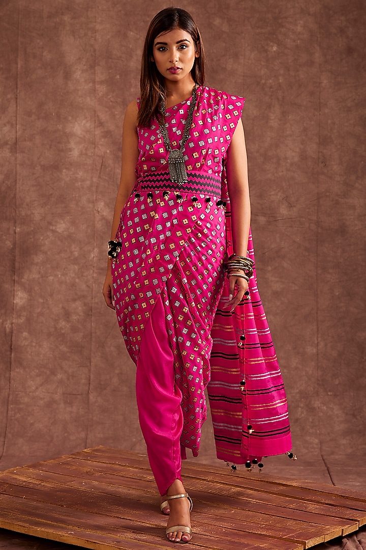 Pink Pure Chinnon Block Printed Dhoti Saree Set by The Home Affair