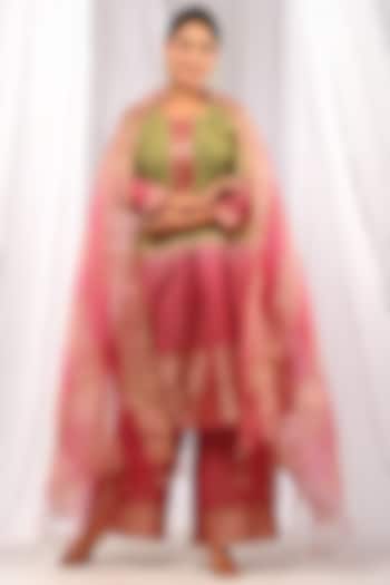 Green & Wine Handwoven Chanderi Embroidered Kurta Set by The Home Affair at Pernia's Pop Up Shop