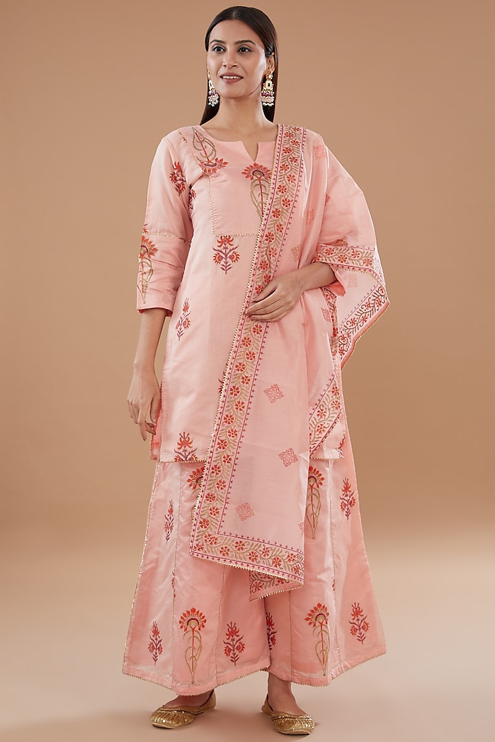 Blush Pink Chanderi Printed Sharara Set by The Home Affair