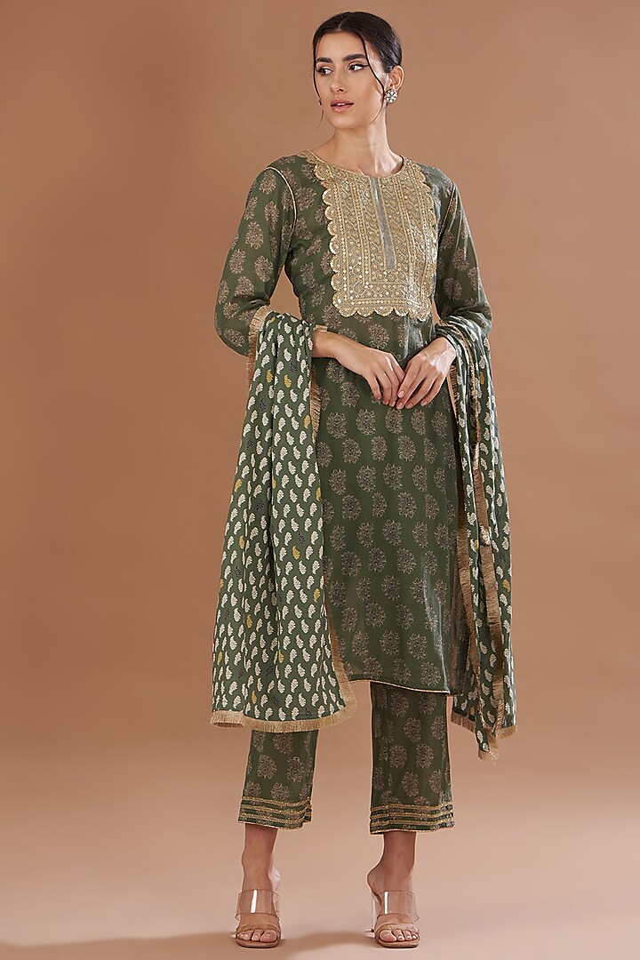 Green Soft Cotton Block Printed & Hand Embroidered Kurta Set by The Home Affair