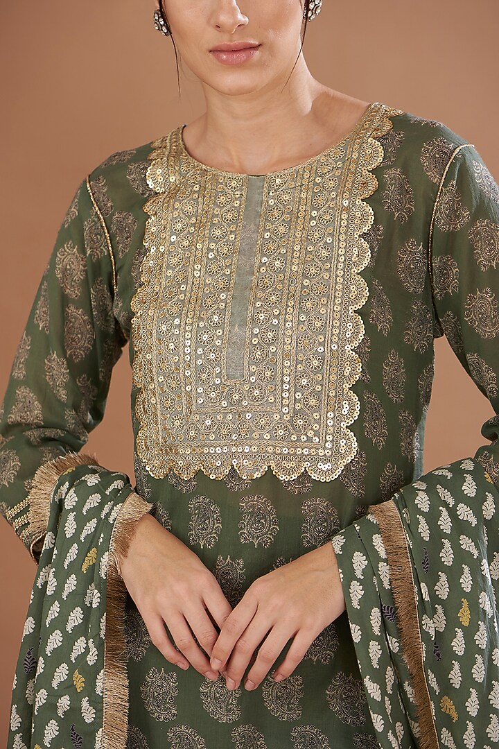 Green Soft Cotton Block Printed & Hand Embroidered Kurta Set by The Home Affair at Pernia's Pop Up Shop
