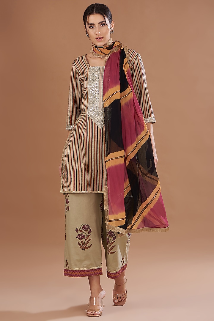 Multi-Colored Cotton Block Printed & Sequins Embroidered Kurta Set by The Home Affair