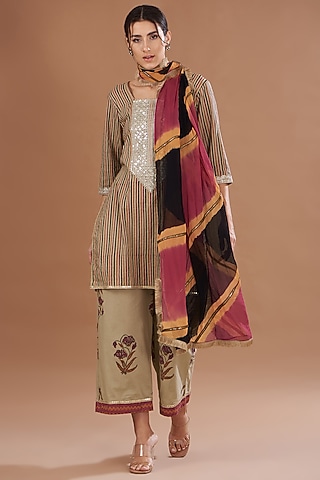 Multi-Colored Cotton Block Printed & Sequins Embroidered Kurta Set by The Home Affair