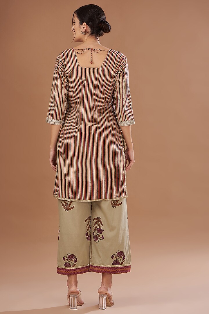 Multi-Colored Cotton Block Printed & Sequins Embroidered Kurta Set by The Home Affair at Pernia's Pop Up Shop