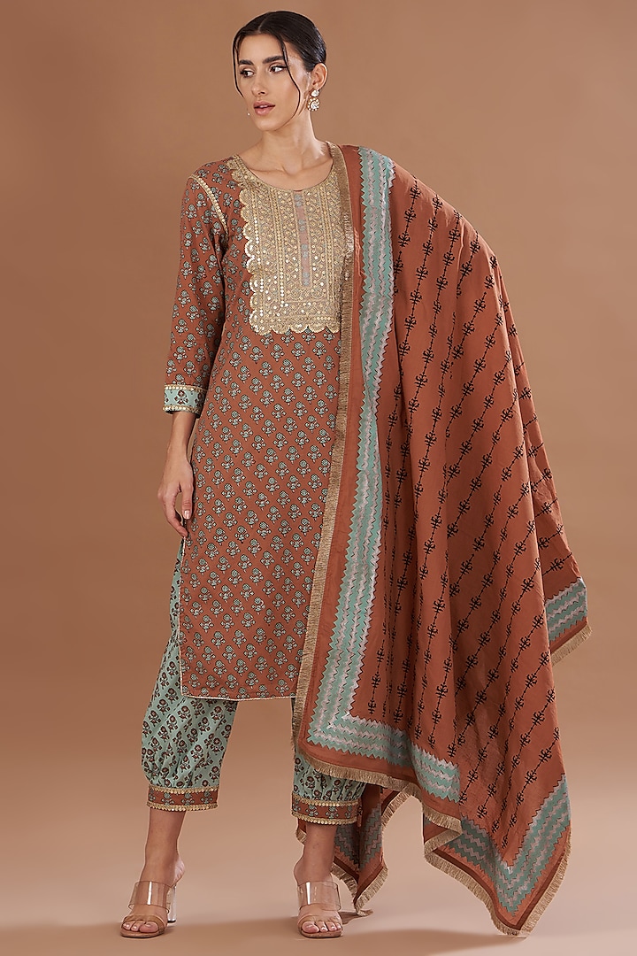 Rust Cotton Sequins Embroidered Hand Blocked Kurta Set by The Home Affair
