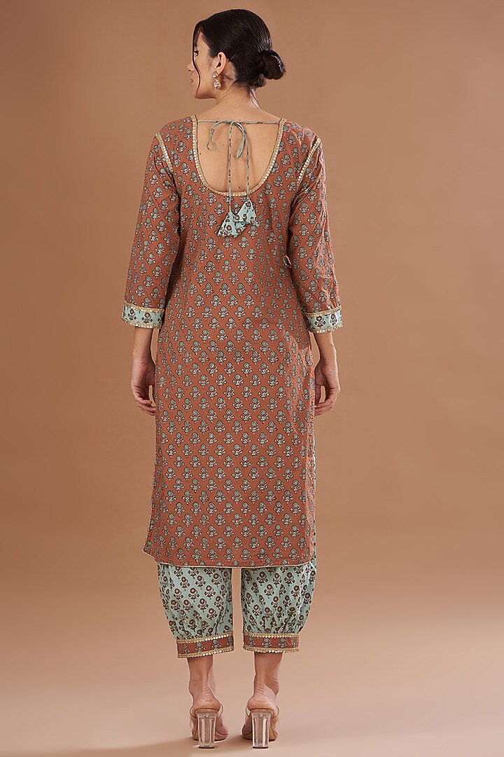 Rust Cotton Sequins Embroidered Hand Blocked Kurta Set by The Home Affair at Pernia's Pop Up Shop