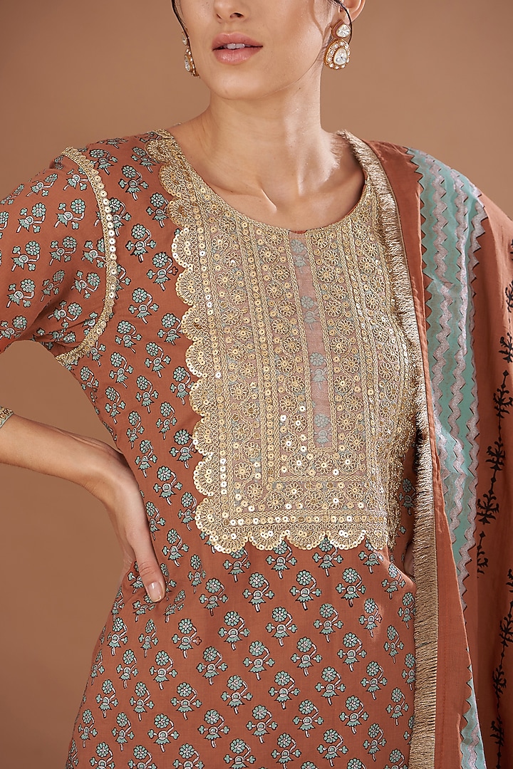 Rust Cotton Sequins Embroidered Hand Blocked Kurta Set by The Home Affair at Pernia's Pop Up Shop