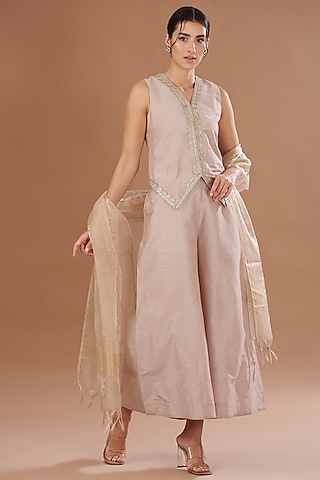 Peach Cotton Silk Flared Pant Set by The Home Affair