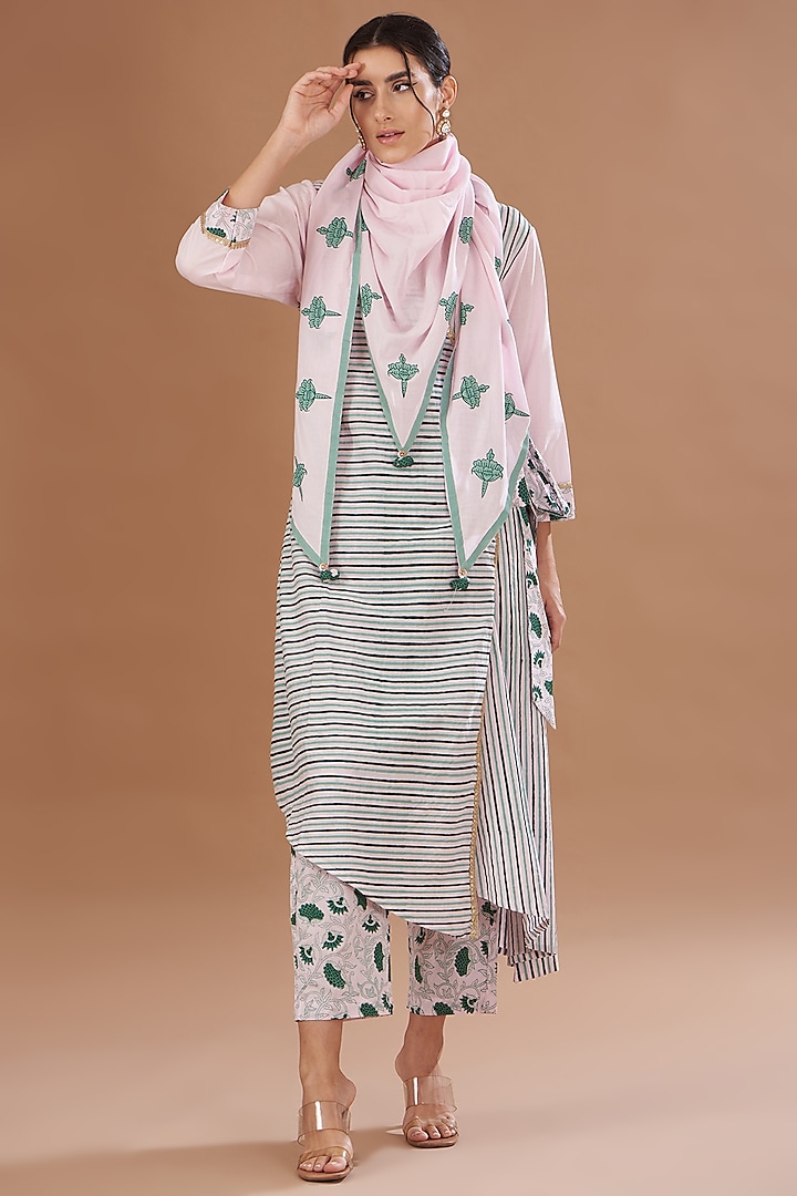 Pink Cotton Block Printed Asymmetrical Angrakha Set by The Home Affair