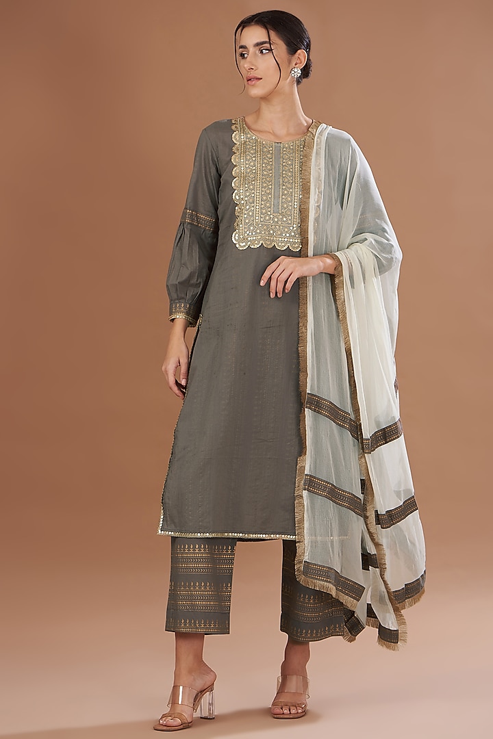 Grey Cotton Block Sequins Embroidered Kurta Set by The Home Affair