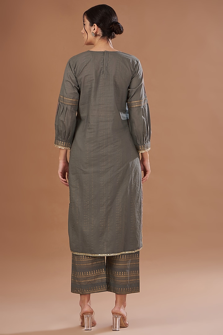 Grey Cotton Block Sequins Embroidered Kurta Set by The Home Affair at Pernia's Pop Up Shop