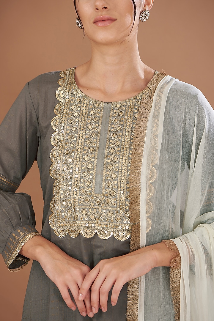 Grey Cotton Block Sequins Embroidered Kurta Set by The Home Affair at Pernia's Pop Up Shop