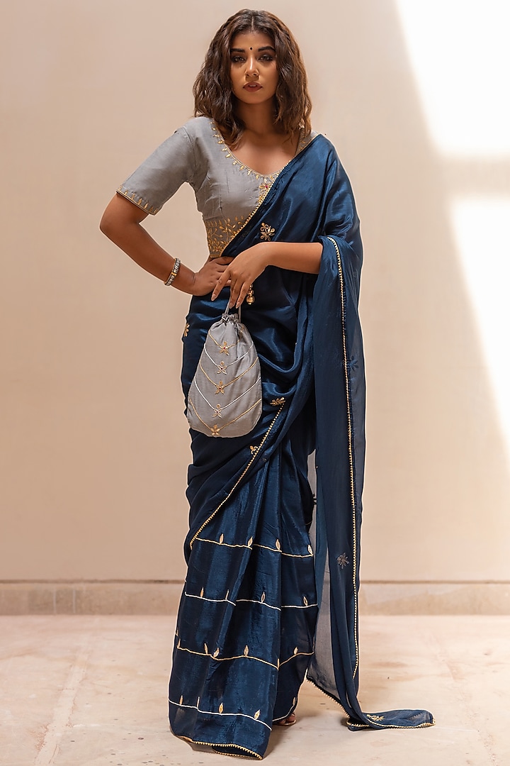 Yale Blue Embroidered Saree Set by The Home Affair