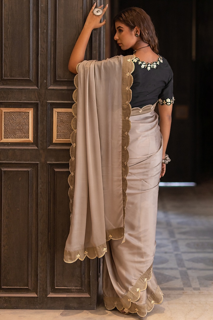 Champagne Beige Embroidered Party Wear Saree Set by The Home Affair at Pernia's Pop Up Shop