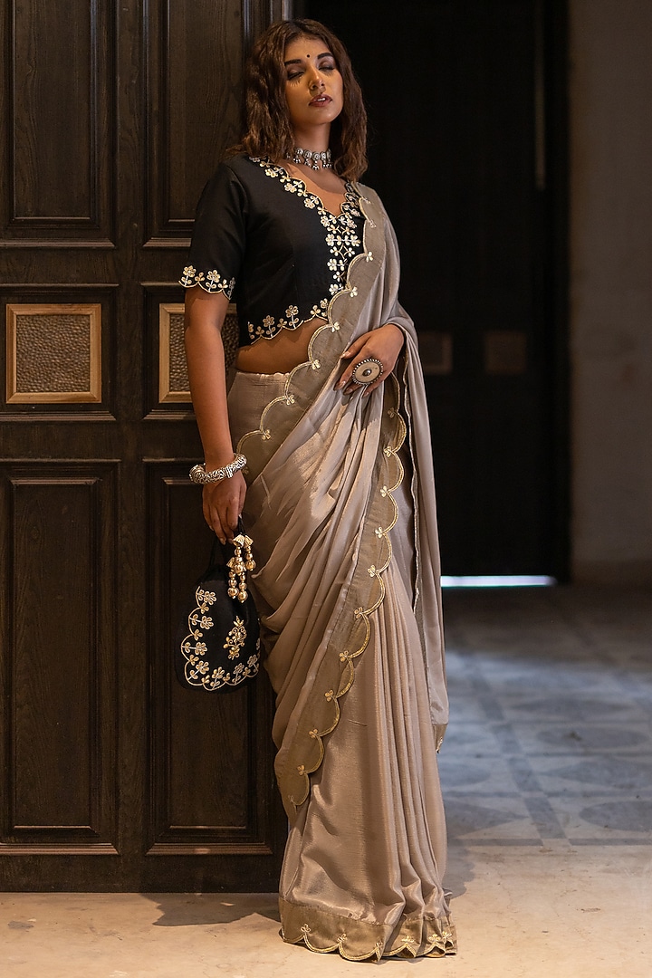 Champagne Beige Embroidered Party Wear Saree Set by The Home Affair at Pernia's Pop Up Shop