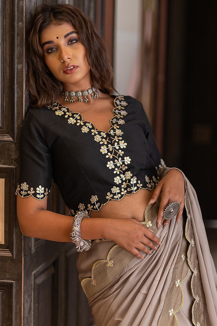 Champagne Beige Embroidered Party Wear Saree Set by The Home Affair at Pernia's Pop Up Shop