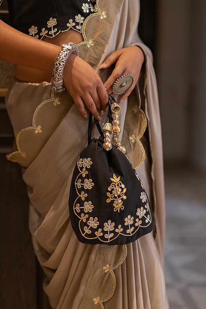 Champagne Beige Embroidered Party Wear Saree Set by The Home Affair at Pernia's Pop Up Shop