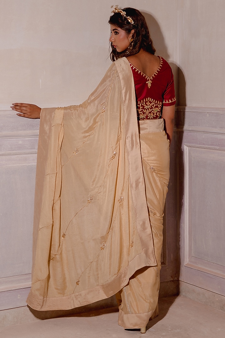 Biscuit Cream Embroidered Party Wear Saree Set by The Home Affair at Pernia's Pop Up Shop