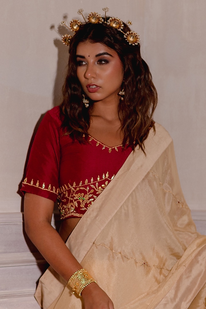 Biscuit Cream Embroidered Party Wear Saree Set by The Home Affair at Pernia's Pop Up Shop
