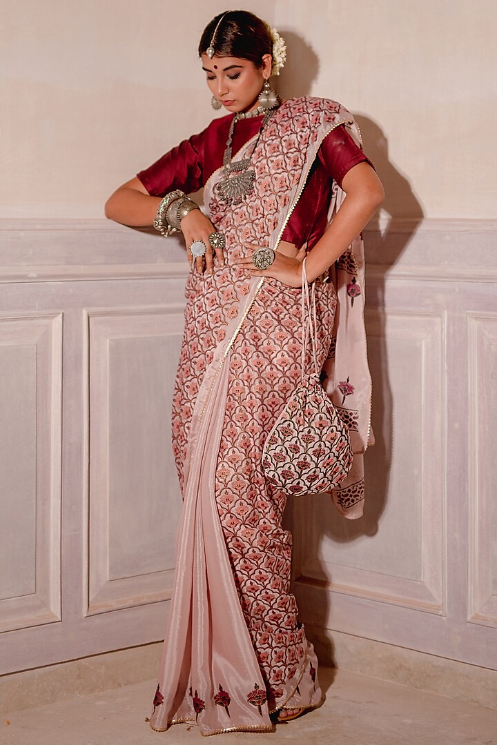 Pastel Pink Block Printed Saree Set by The Home Affair