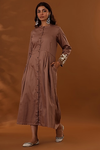 Vintage Brown Handloom Jam Cotton Silk Hand Embroidered Midi Dress by The Home Affair