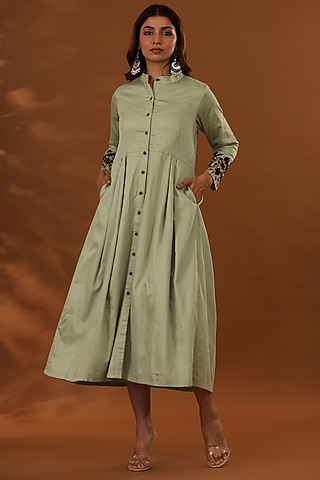 Pastel Green Handloom Jam Cotton Silk Hand Embroidered Midi Dress by The Home Affair