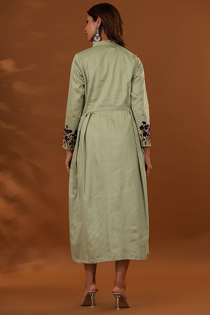 Pastel Green Handloom Jam Cotton Silk Hand Embroidered Midi Summer Dress by The Home Affair at Pernia's Pop Up Shop