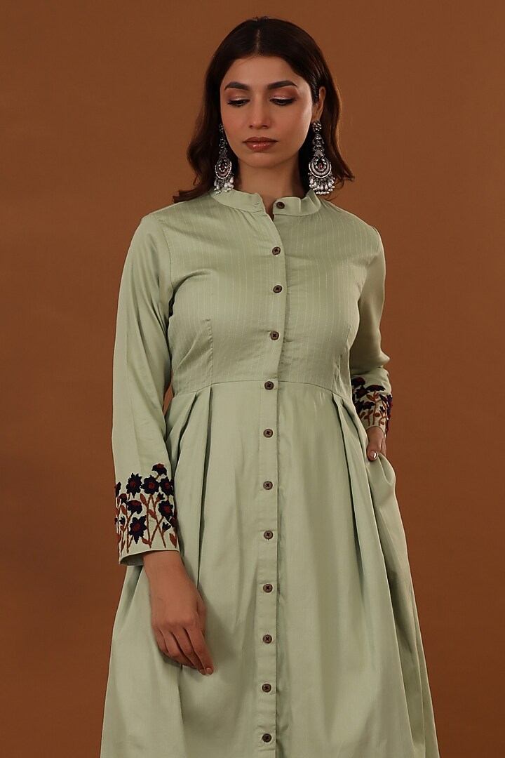 Pastel Green Handloom Jam Cotton Silk Hand Embroidered Midi Summer Dress by The Home Affair at Pernia's Pop Up Shop