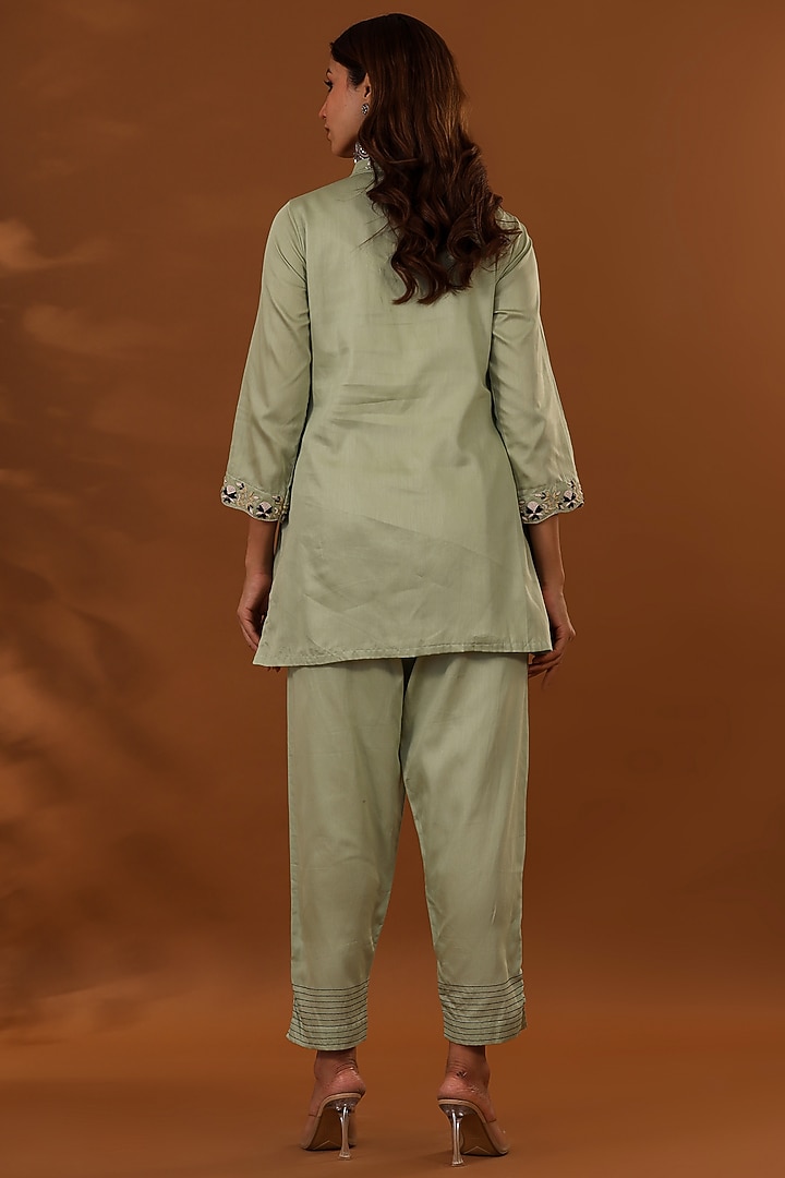 Pastel Green Handloom Jam Cotton Silk Hand Embroidered Co-Ord Set by The Home Affair at Pernia's Pop Up Shop