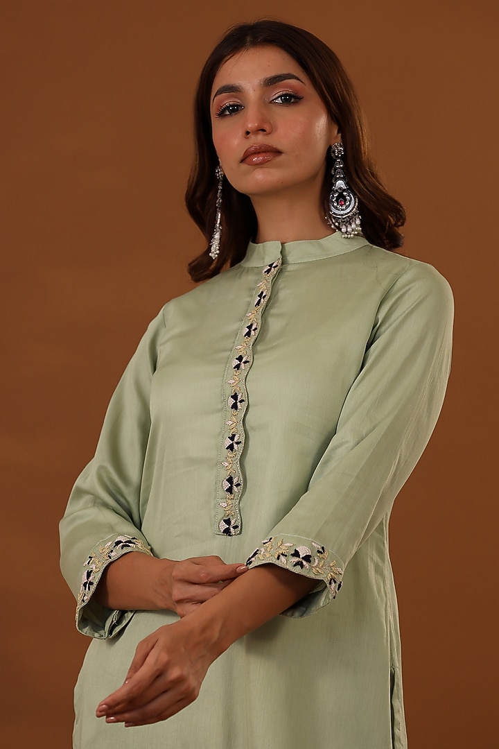 Pastel Green Handloom Jam Cotton Silk Hand Embroidered Co-Ord Set by The Home Affair at Pernia's Pop Up Shop