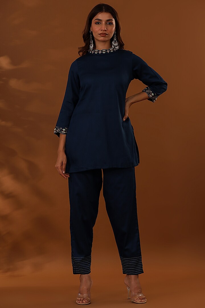 Dark Blue Handloom Jam Cotton Silk Hand Embroidered Co-Ord Set by The Home Affair