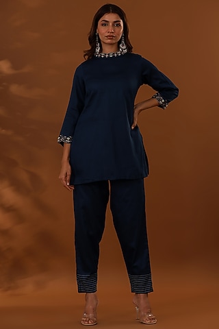 Dark Blue Handloom Jam Cotton Silk Hand Embroidered Co-Ord Set by The Home Affair