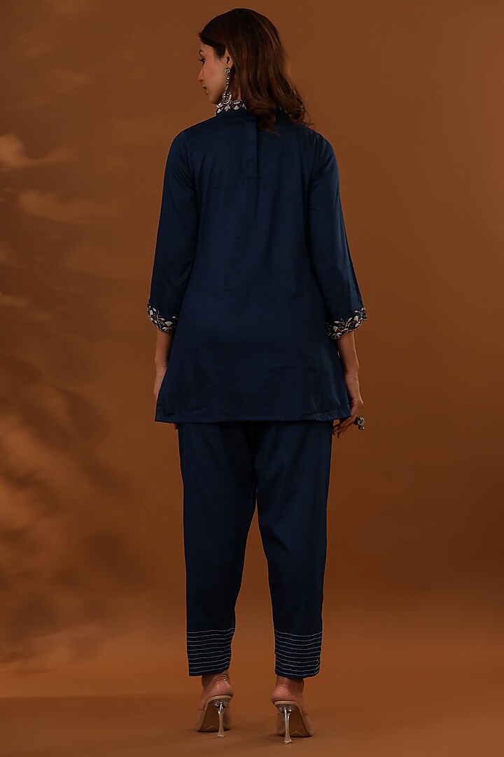 Dark Blue Handloom Jam Cotton Silk Hand Embroidered Co-Ord Set by The Home Affair at Pernia's Pop Up Shop