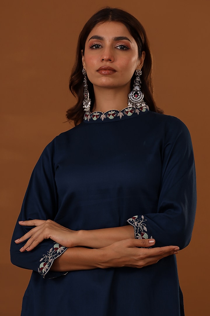 Dark Blue Handloom Jam Cotton Silk Hand Embroidered Co-Ord Set by The Home Affair at Pernia's Pop Up Shop