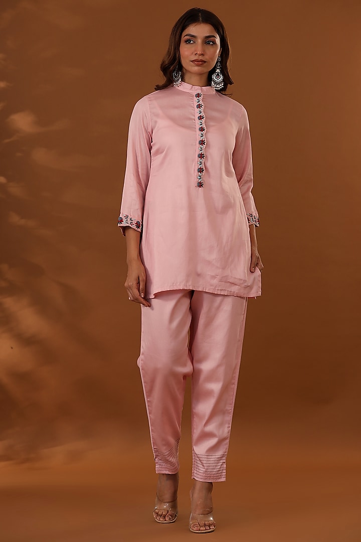 Pink Handloom Jam Cotton Silk Hand Embroidered Co-Ord Set by The Home Affair