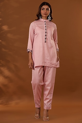 Pink Handloom Jam Cotton Silk Hand Embroidered Co-Ord Set by The Home Affair