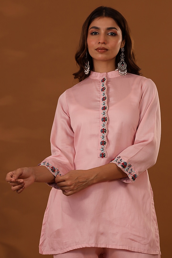 Pink Handloom Jam Cotton Silk Hand Embroidered Co-Ord Set by The Home Affair at Pernia's Pop Up Shop