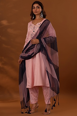 Pink Handloom Jam Cotton Silk Hand Embroidered A-Line Kurta Set by The Home Affair