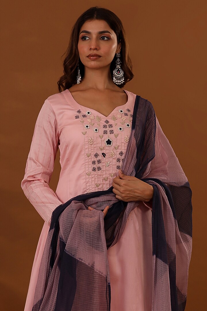 Pink Handloom Jam Cotton Silk Hand Embroidered A-Line Kurta Set by The Home Affair at Pernia's Pop Up Shop