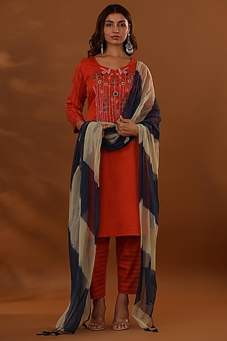 Rust Handloom Jam Cotton Silk Hand Embroidered A-Line Kurta Set by The Home Affair